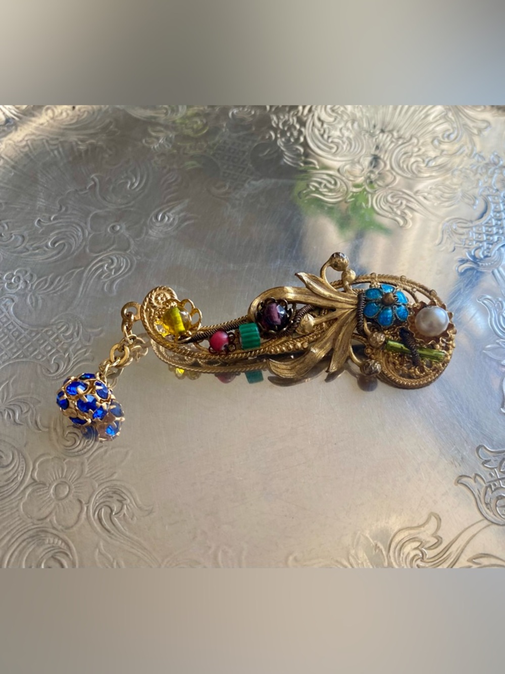 Vintage 1990s Gild Tone Filigree Pin with glass beads, cabachons, faux Pearl